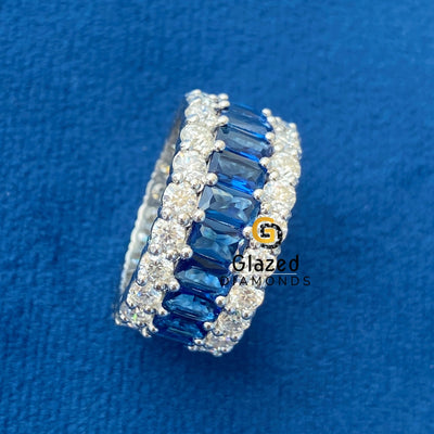 10MM Blue Radiant & Round Moissanite Diamond Studded Hip Hop Ring 925 Silver