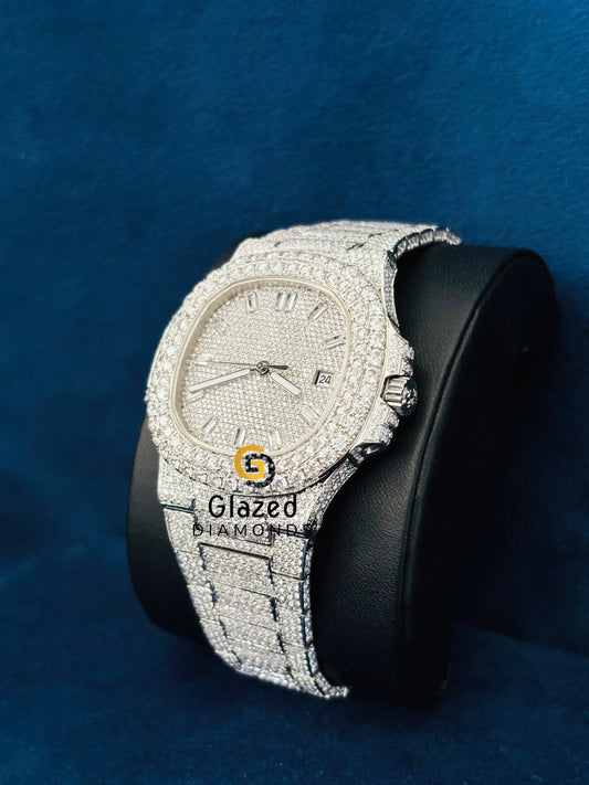 41MM Moissanite Fully White Tone And White Baguette Bar Watch