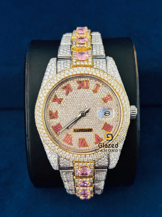 41MM Two Tone Roman Number Iced Out Pink Moissanite Watch