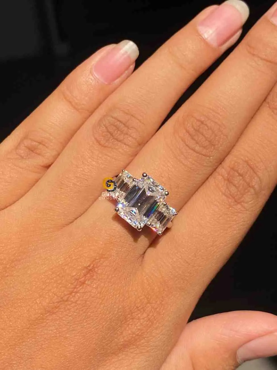 8 CT Emerald Three Stone Moissanite RIng