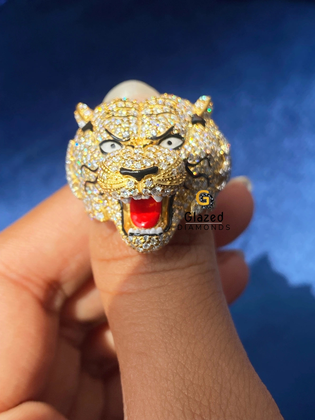 925 Silver Custom Tiger Hip Hop Round Moissanite Ring
