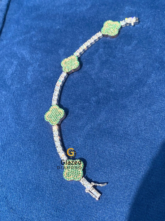 925 Silver Hip Hop Clover Round Moissanite Bracelet