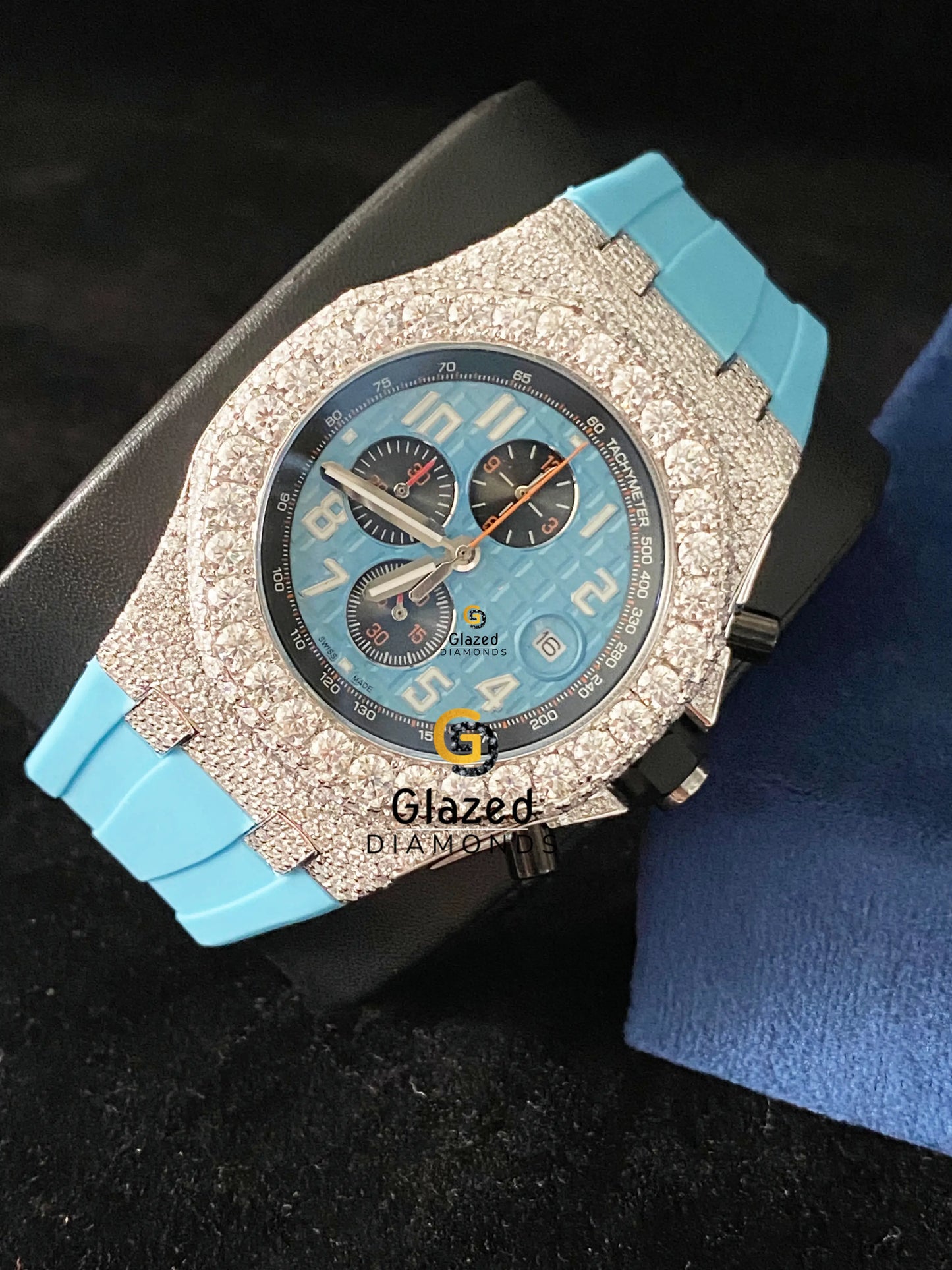 Sky Blue Silicone Strap Chronograph Fully Iced Out Moissanite Watch