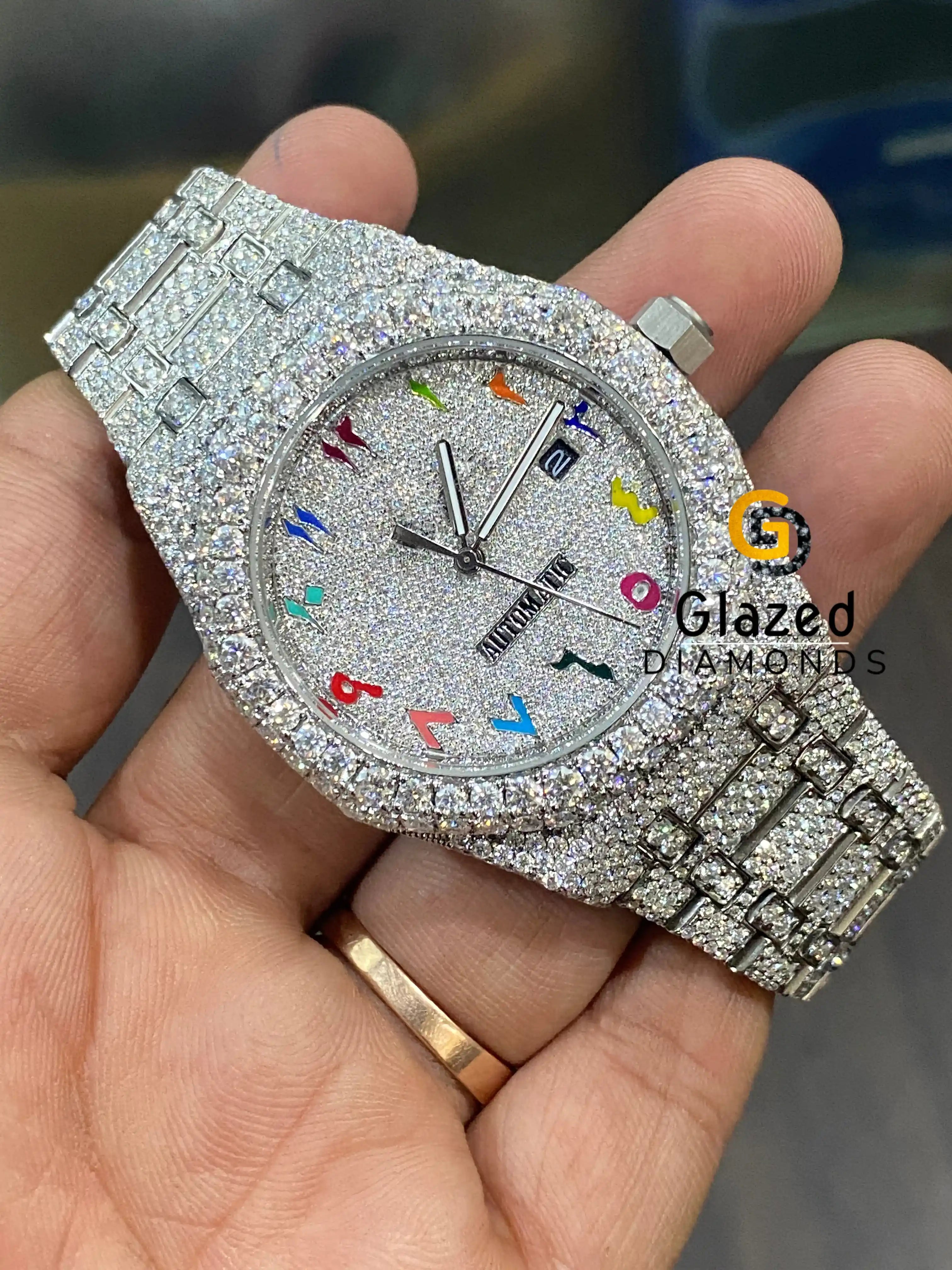 41MM Arabic Numeral Rainbow Dial Iced Out Moissanite Watch 41MM Arabic Numeral Rainbow Dial Iced Out Moissanite Watch