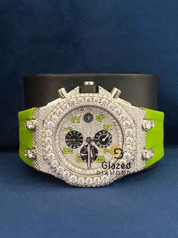 Arabic Dial Chronograph Neon Green Silicone Strap Moissanite Watch