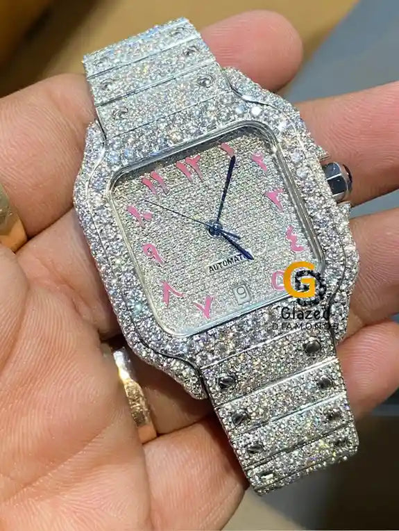 Pink Arebic Dial Bust Down VVS Moissanite Diamond Watch Men Pink Arebic Dial Bust Down VVS Moissanite Diamond Watch Men