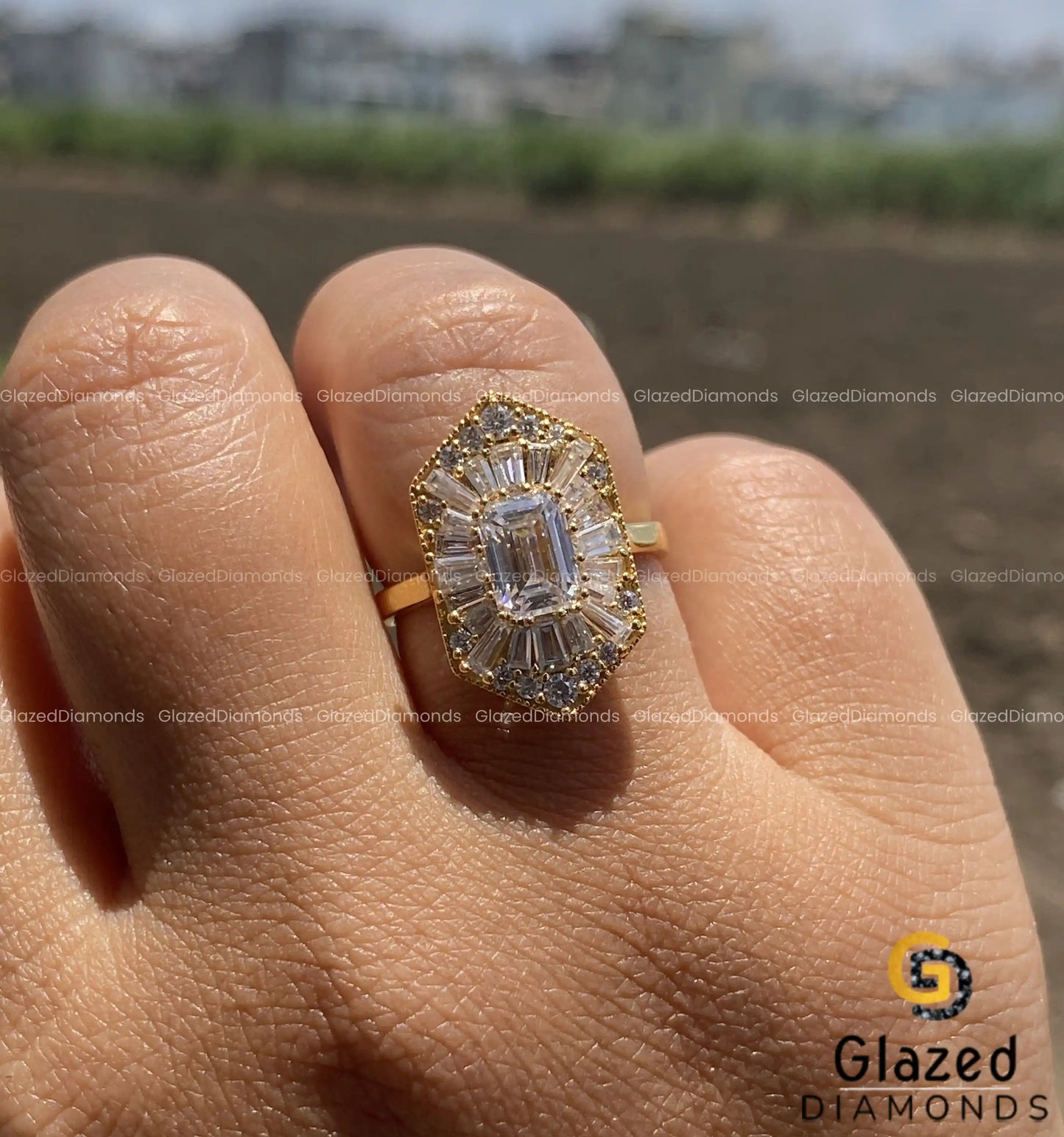 Art Deco Emerald Cut Moissanite Hexagon Shape Engagement Ring For Her