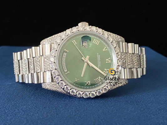 Bezel Green Roman Dail VVS Moissanite Bust Down Watch
