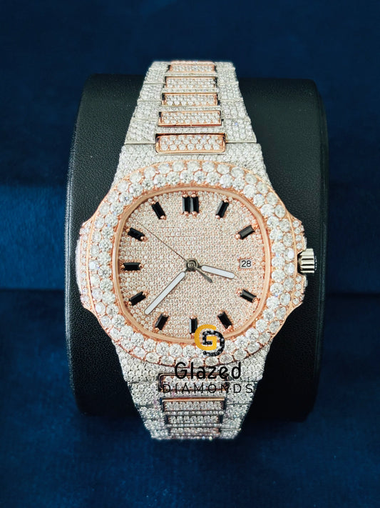 Black Baguette Bar Rose Gold Plated Moissanite Watch