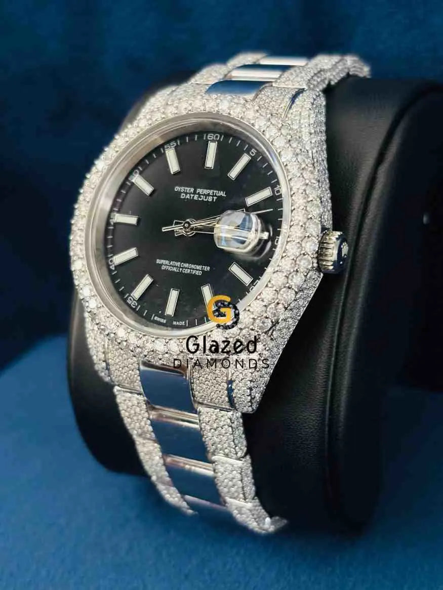 Black Dial Baguette Bar Moissanite Rolex Watch