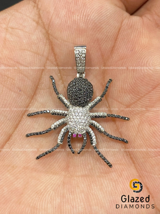 Iced Out Black & White Moissanite Diamond Spider Pendant in 925 Silver