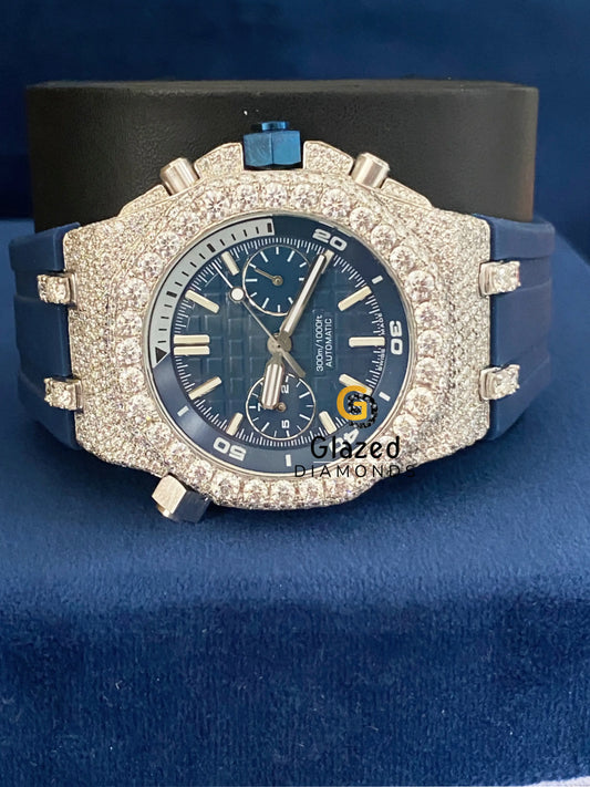 Blue Silicone Strap Chronograph Face Dial Moissanite Watch