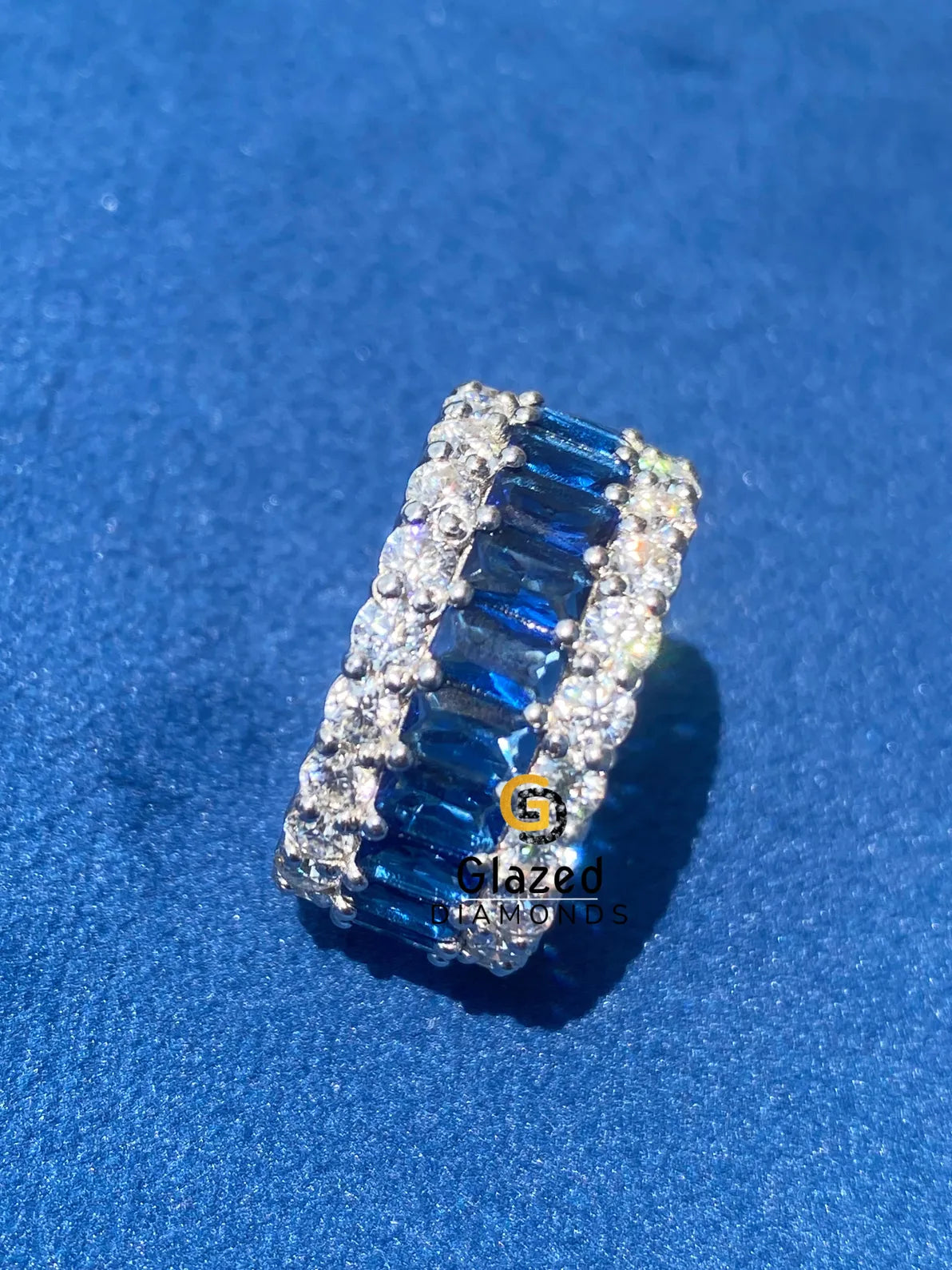 10MM Blue Radiant & Round Moissanite Diamond Studded Hip Hop Ring 925 Silver