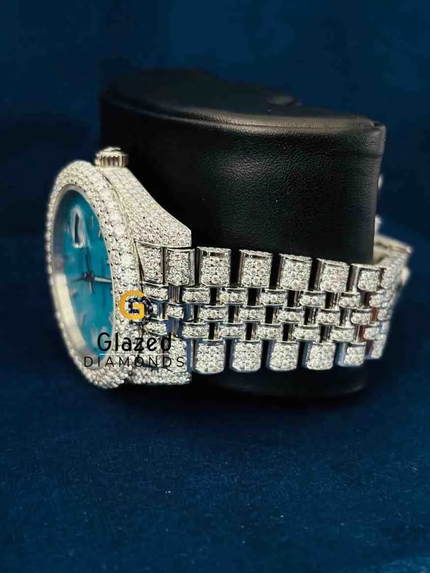 Bust Down Diamond Studded Moissanite Baguette Bar Sky Blue Dial Rolex Watch