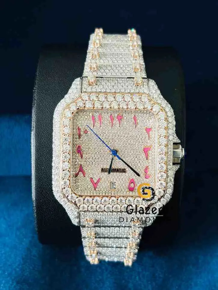 Bust Down Pink Arabic Number Dial Diamond Studded Moissanite Watch