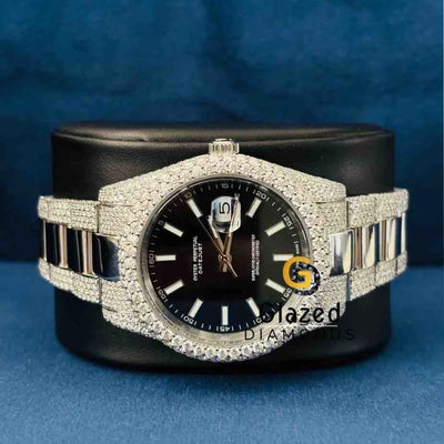 Bust Down VVS Moissanite Black Dial Stainless Steel Wrist Watch