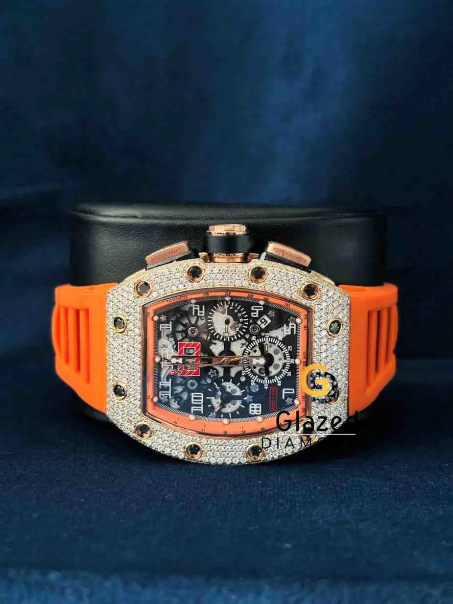 Buts Down Orange Silicon Rubber Strap Wrist Moissanite Watch
