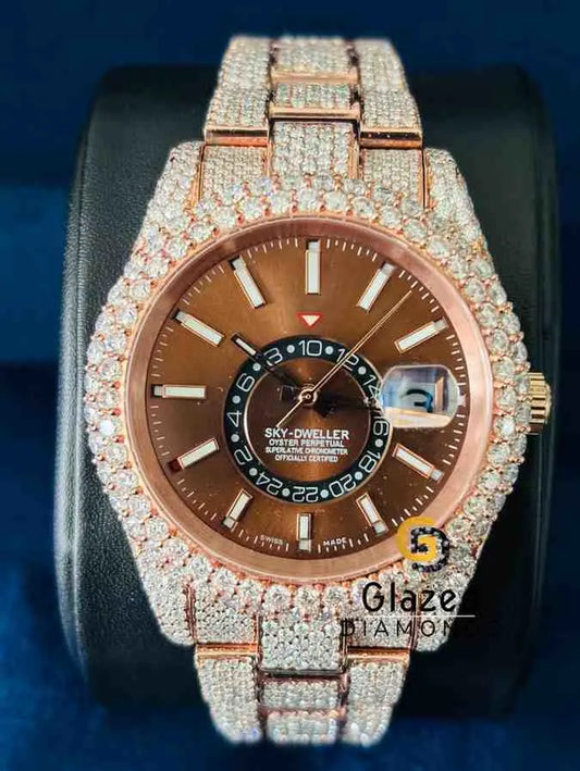 Chocolate Dial Baguette Bar Sky Dweller Moissanite Watch