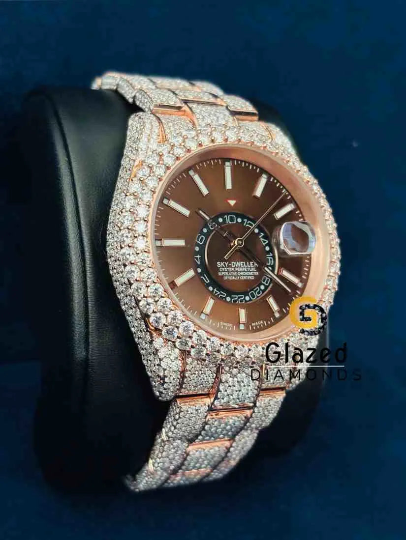 Chocolate Dial Fully Iced Out Moissanite Sky Dweller Hip Hop Watch
