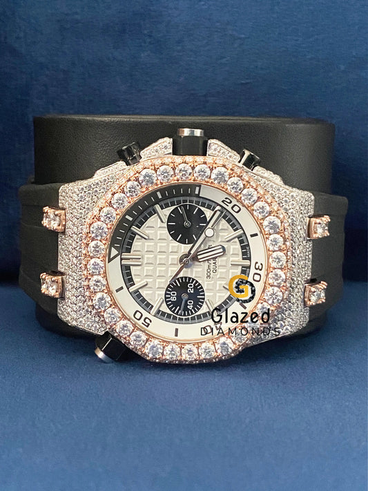 Chronograph Stick Dial Black Silicone Strap Moissanite Watch