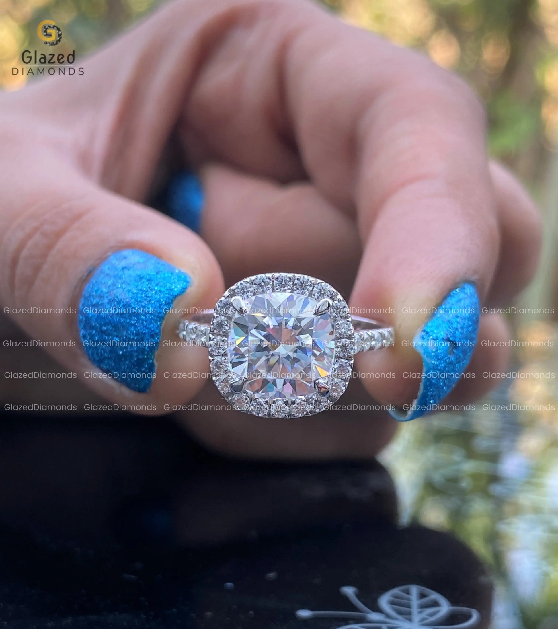 Cushion Cut Moissanite Halo Engagement Ring