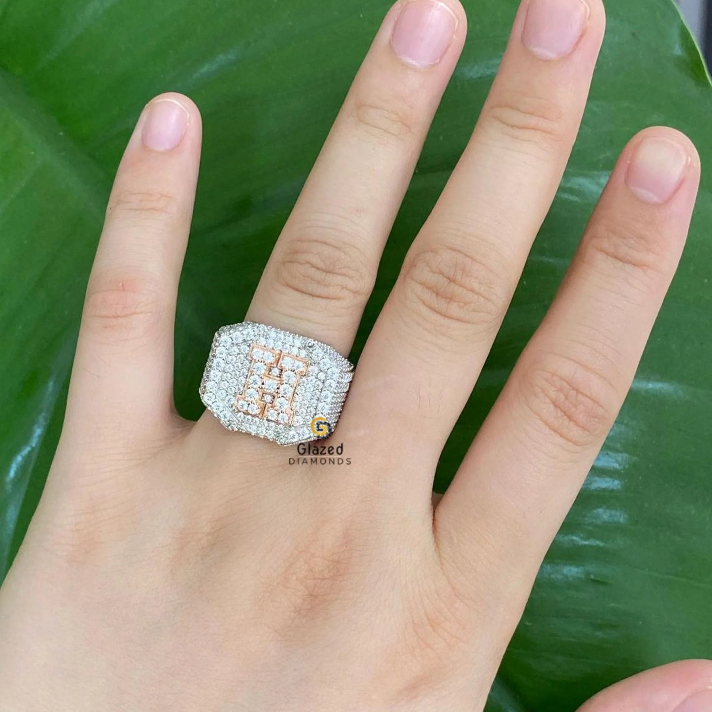 Custom Initial Letter Two Tone VVS Moissanite Mens Ring