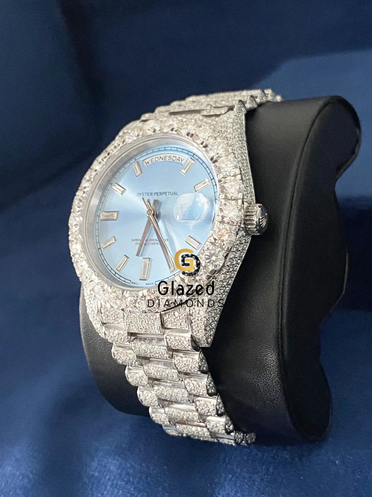 D Colorless Light Blue Stick Dial VVs Moissanite Diamond Studded Watch