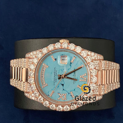 Turquoise Marble Dial Presidential Strap Day Date Moissanite Watch