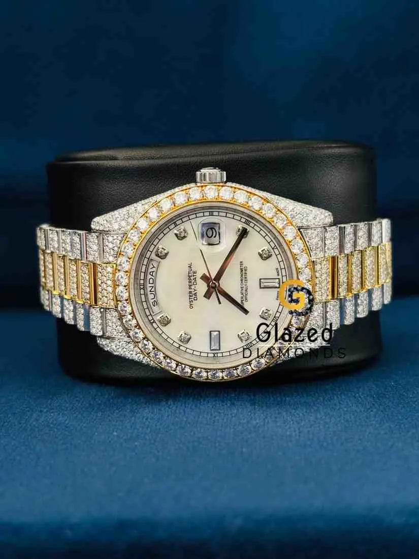 Dual Tone White Dial Diamond Bar Moissanite Watch For Men