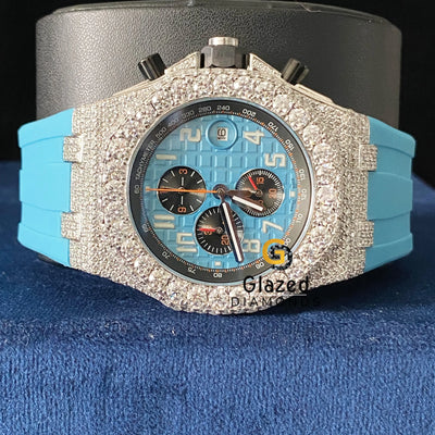 Sky Blue Silicone Strap Chronograph Fully Iced Out Moissanite Watch