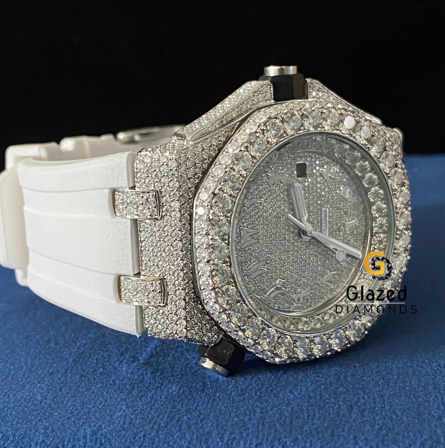 Bust Down Silicone White Strap VVS Moissanite Watch Arabic Face Dial