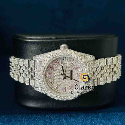 Fully Iced Out Baby Pink Baguette Bar Dial Hip Hop Watch