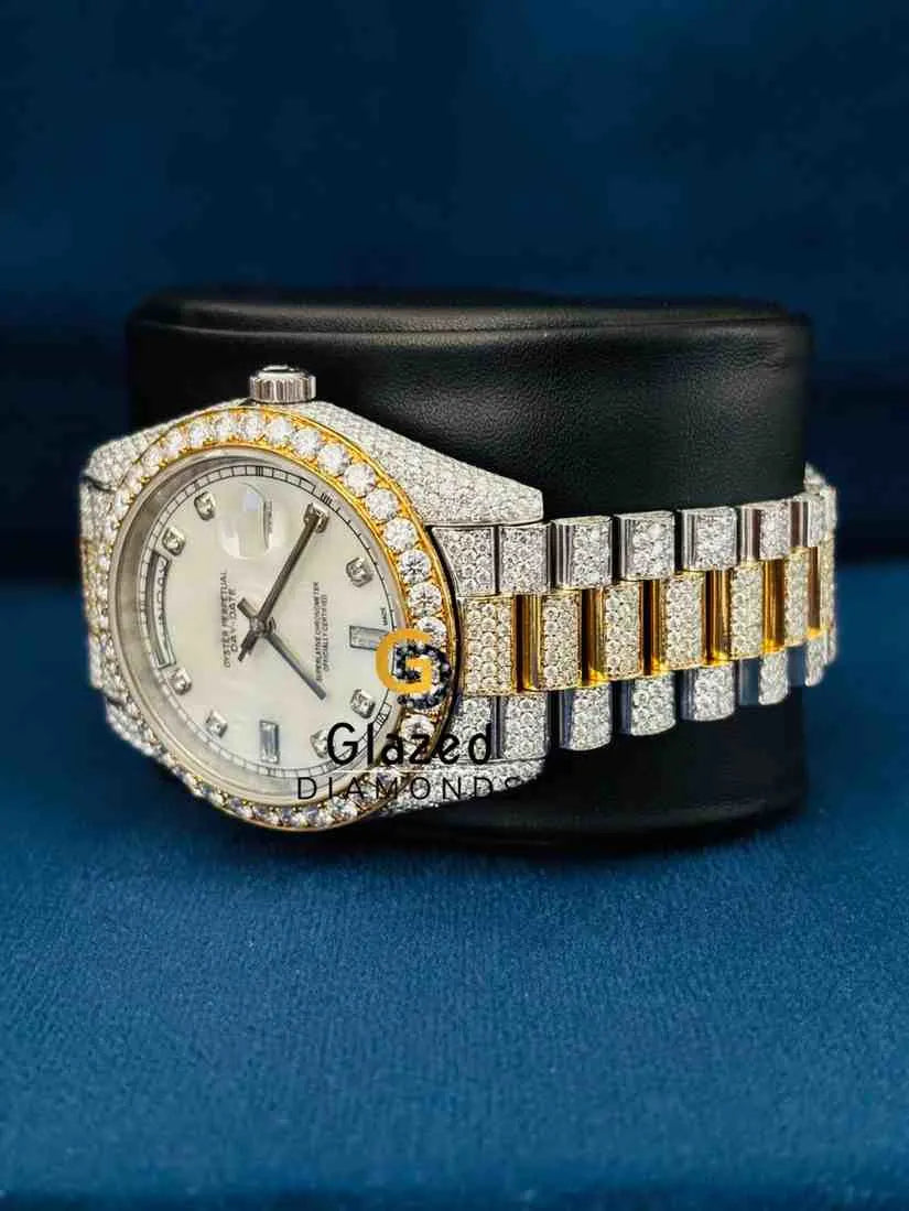Fully Iced Out Dual Tone White Dial VVS Moissanite Wrist Watch