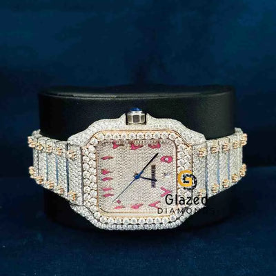Fully Iced Out Pink Arabic Number Dial Moissanite Watch For Men