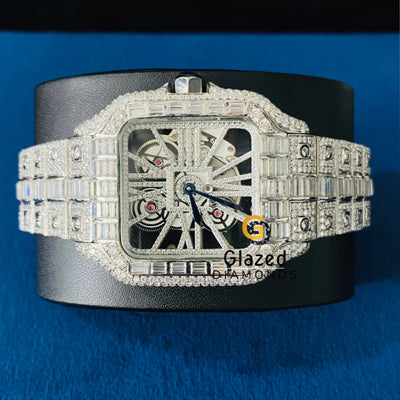 Fully Iced Out Skeleton Dial Round_Baguette Moissanite Diamond Watch