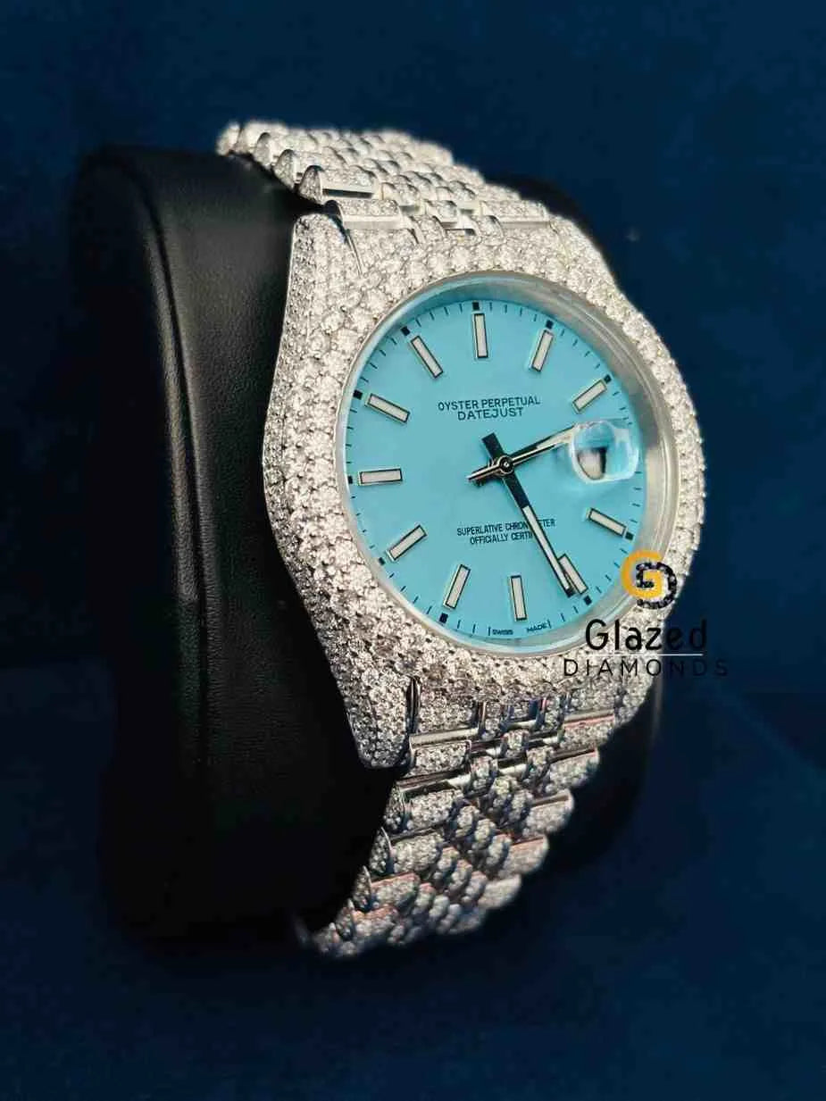 Fully Iced Out Sky Blue Dial Baguette Bar Moissanite Hip Hop Watch