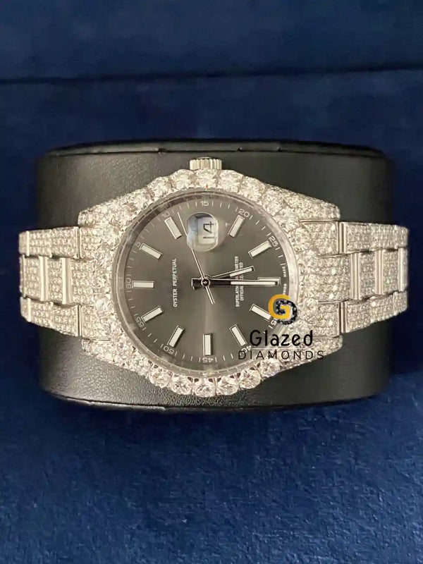 Fully Iced Out Stick Gray Dial D Colorless Moissanite Watch