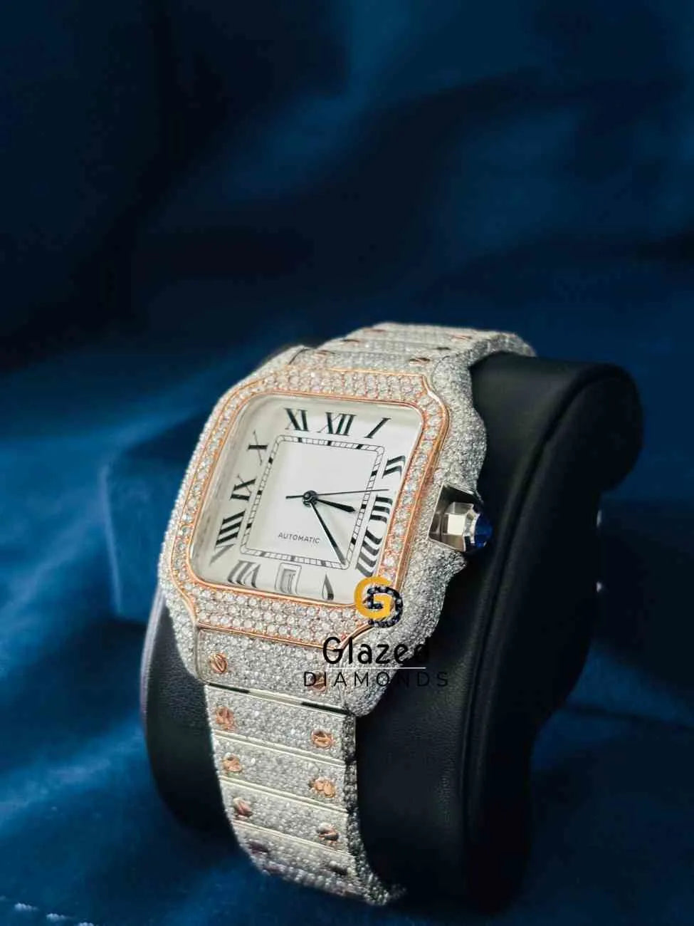 Fully Iced Out Two Tone Moissanite Roman Number Dial Cartier Watch