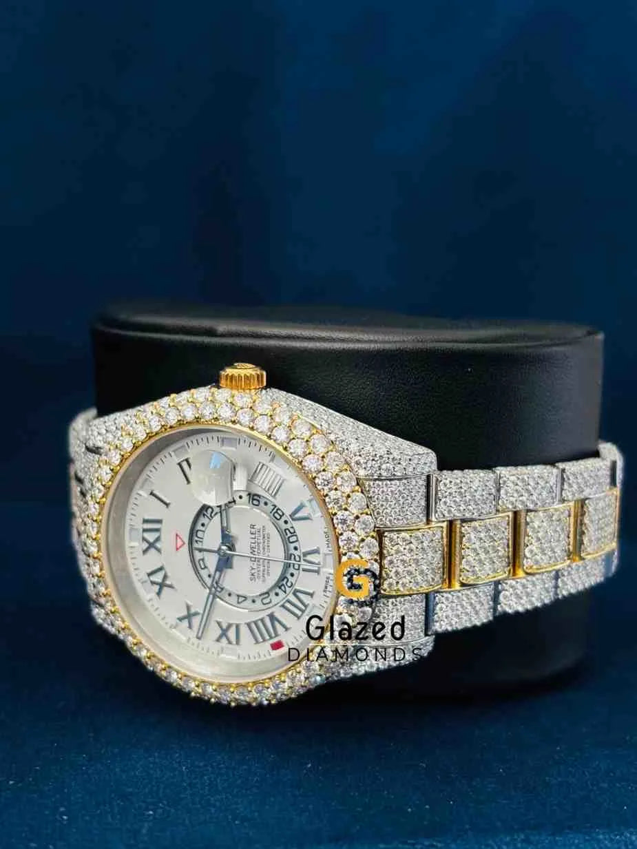 Fully Iced Out Two Tone Roman Number Dial Sky Dweller Rolex Watch