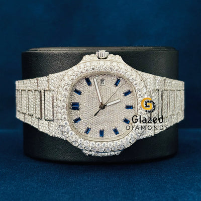 Fully White Tone Studded Moissanite Baguette Bar Watch