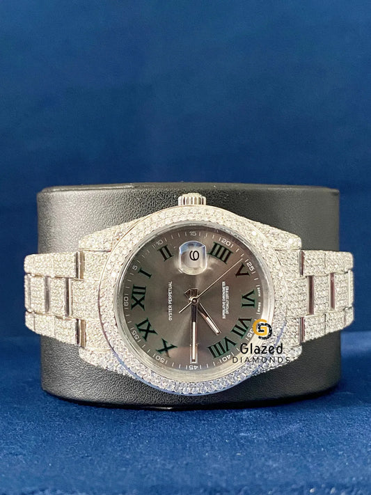 Gray Roman Dial Fully Bust Down VVs Moissanite Watch