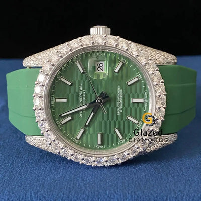Green Dial Silicon Belt Iced Out Moissanite VVS Watch