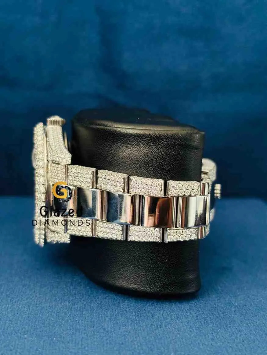 Half Diamond Studded Black Dial Moissanite Watch