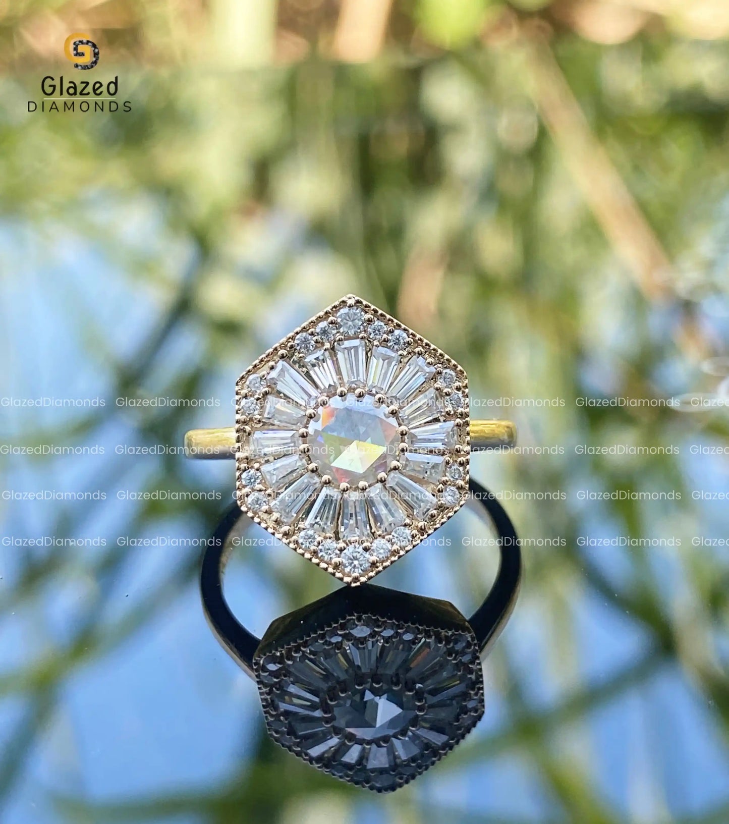 Hexagon Shape Round Rose Cut Moissanite Ring