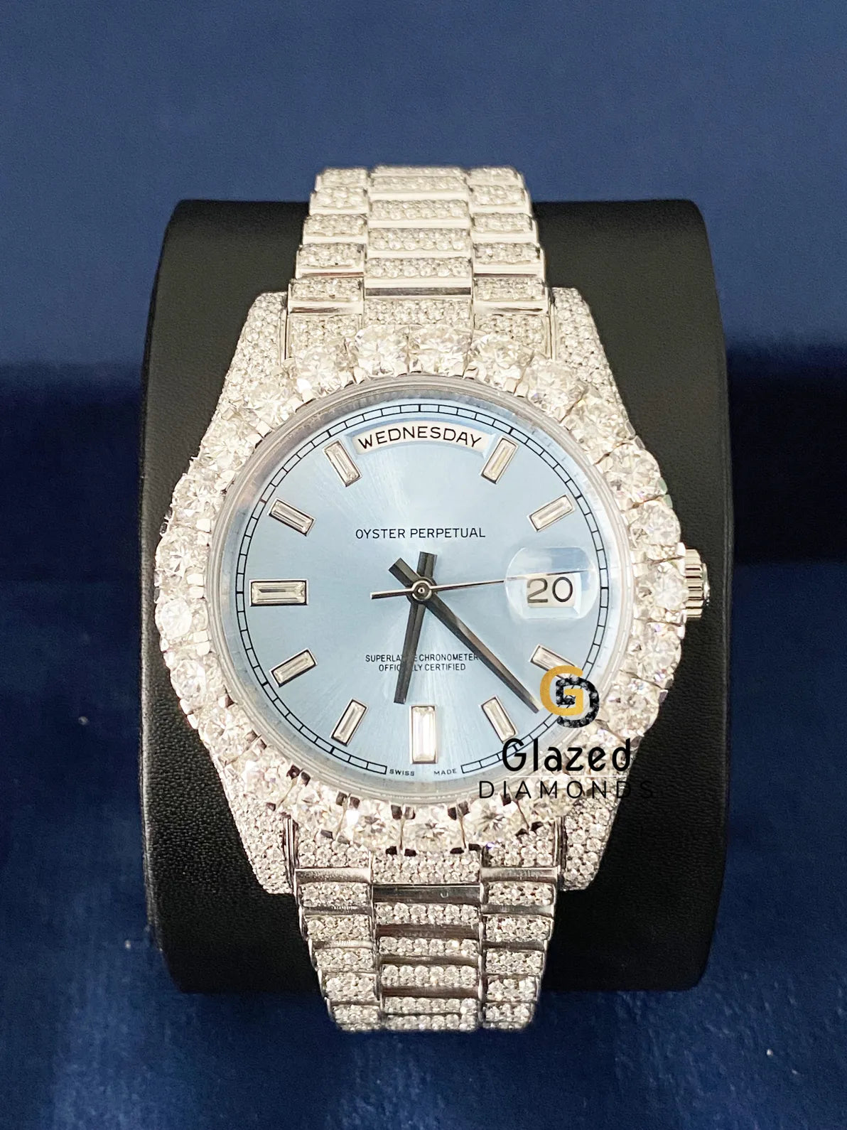 Hip Hop Light Blue Stick Dial Day Date VVs Moissanite Watch