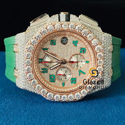 Arabic Face Dial Bust Down Green Silicone Strap VVs Moissanite Watch