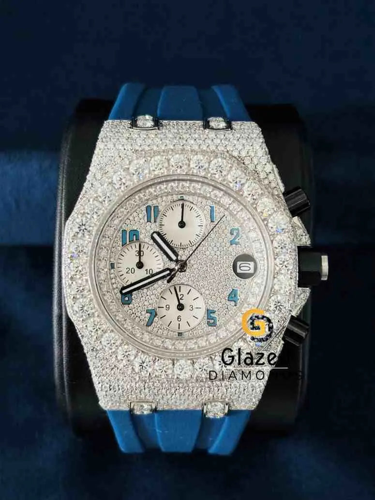 Iced Out Multi Chronograph Blue Silicon Rubber Moissanite Watch
