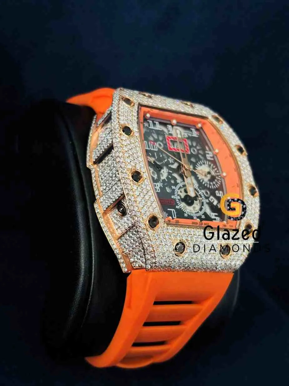 Iced Out Multi Chronograph Dial Silicon Rabber Strap Moissanite Watch