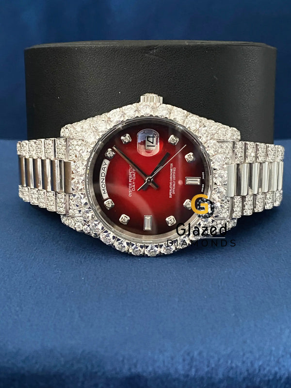 Iced Out Red Dial Day Date Moissanite VVS Watch