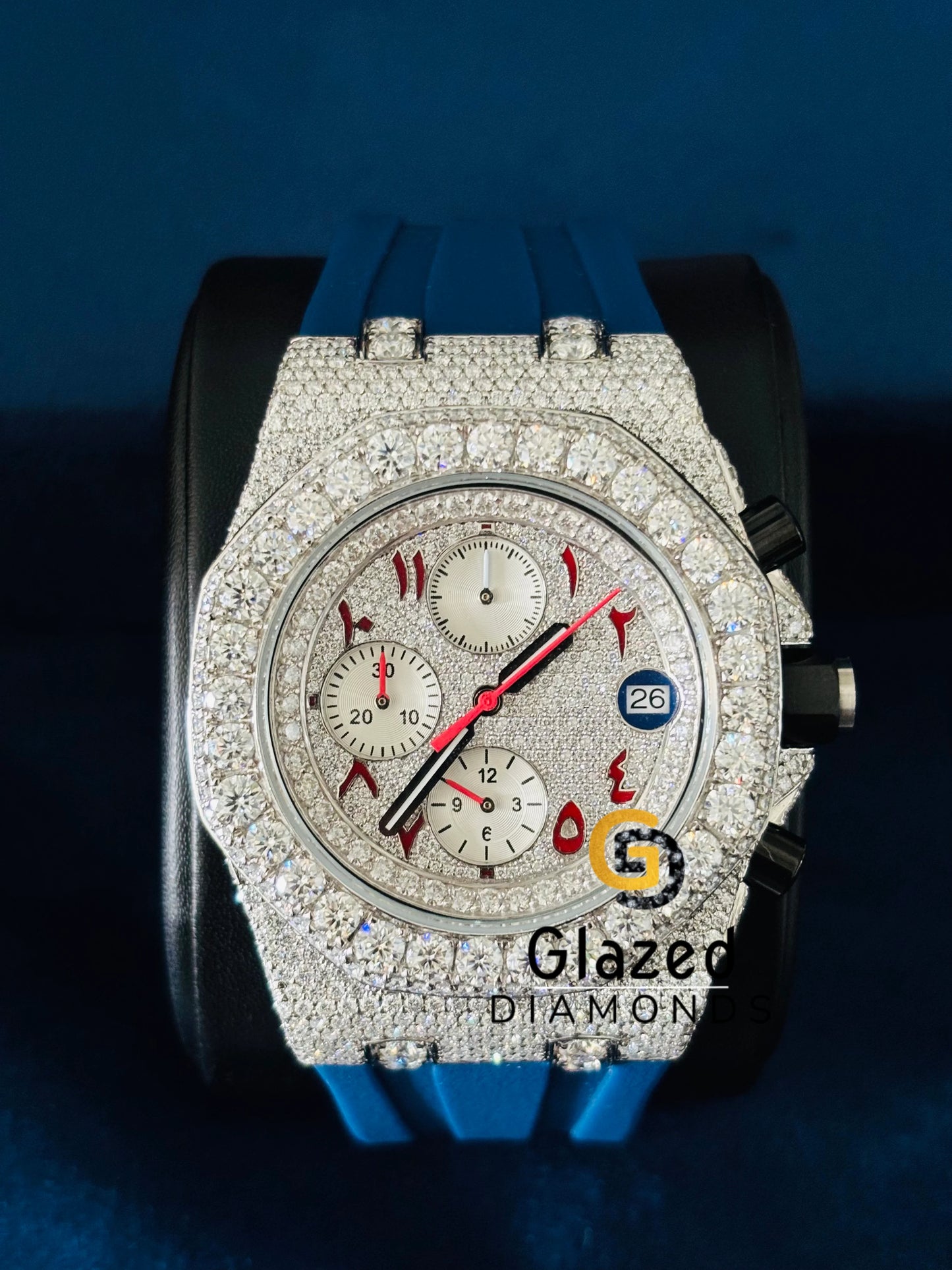 Iced Out Red Number Arabic Multi Chronograph Dial AP Moissanite Watch